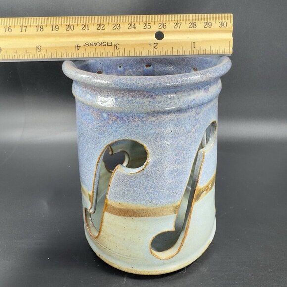 Vintage Red Rock Pottery Stoneware Tea Light Holder Votive Hand Carved Signed - Picture 4 of 13